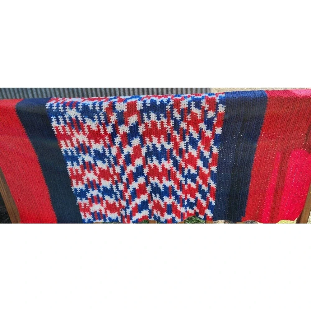 Crochet Afghan Blanket Red White Blue White Americana  50